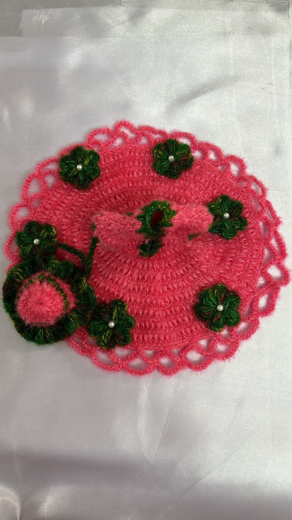 Pink Color With Green Color Flower Woolen Laddu Gopal Ji Dresses