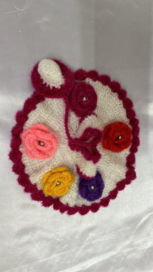 Magenta Color Border With Multi Color Floral Pearl and White Background Woolen Laddu Gopal Ji Dresses