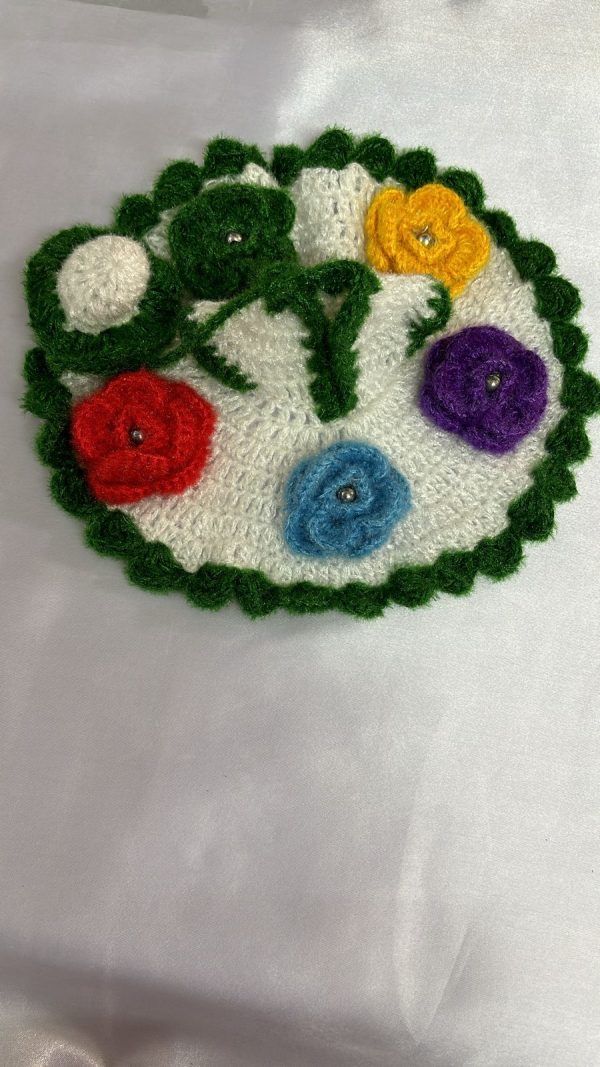 Green Color Border With Multi Color Floral and Moti and White Background Woolen Laddu Gopal Ji Dresses