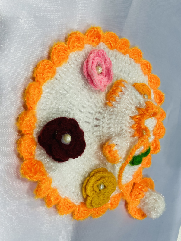 Orange Border Floral With Pearl With White Color Woolen Winter Laddu Gopal Ji Dresses