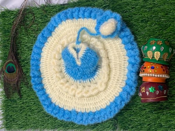 White With Sky-Blue Border Woolen Winter Laddu Gopal Ji Dresses