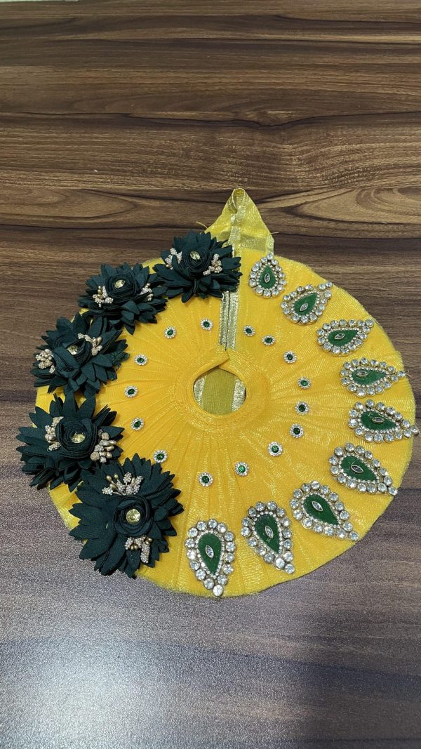 Yellow With Green Flowers and Patches Laddu Gopal Ji Dress