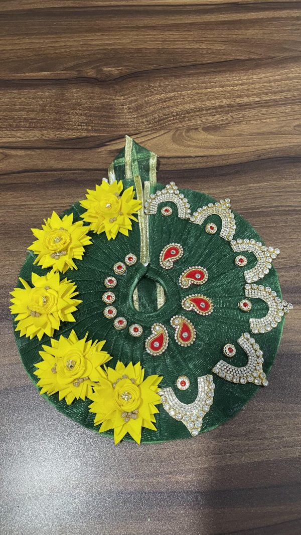 Green With Yellow Flowers and Patches Laddu Gopal Ji Dress