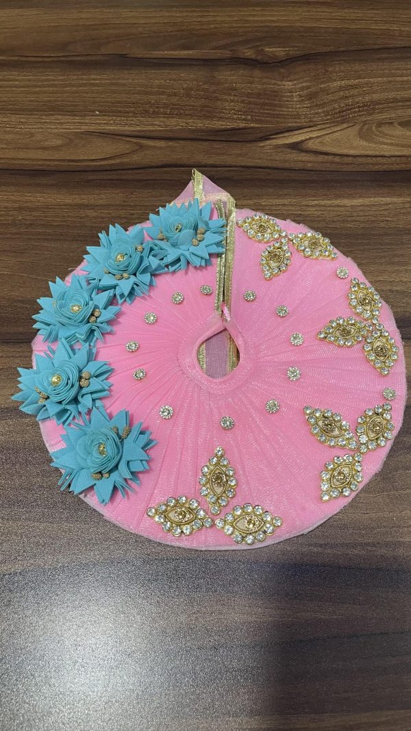 Pink Color With Sky-Blue Flowers and Golden Patches Laddu Gopal Ji Dress